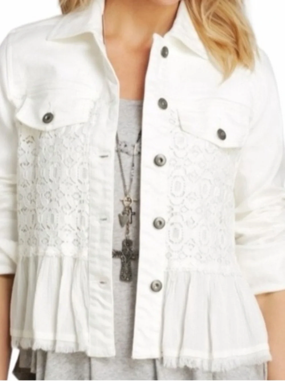 Free People Ivory Lace-Panel Boho Peplum Jacket size Sm/med (6) - Picture 3 of 9